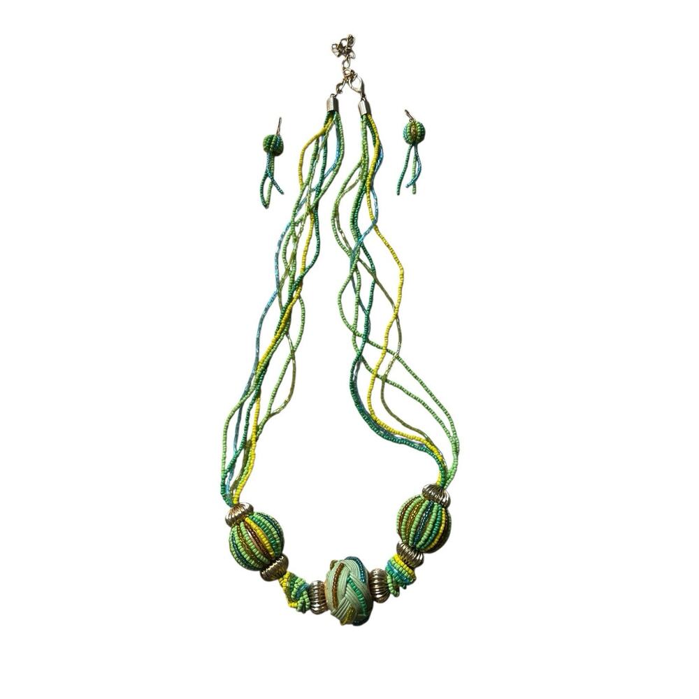 Boho Green Blue Yellow Beaded Necklace Earring Set Costume Jewelry Festival